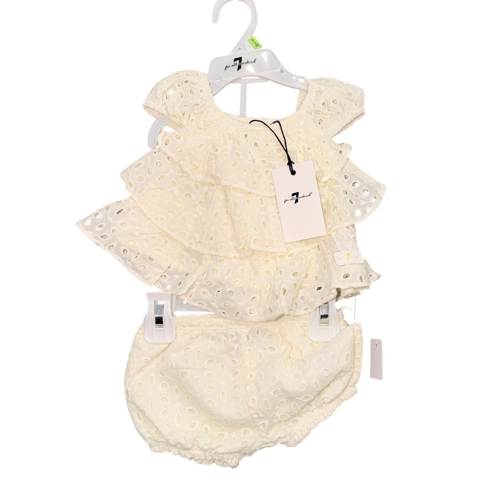 7 For All Mankind Girls 0/3M Eyelet Ruffle Top and Bloomers Set Marshmallow Whit